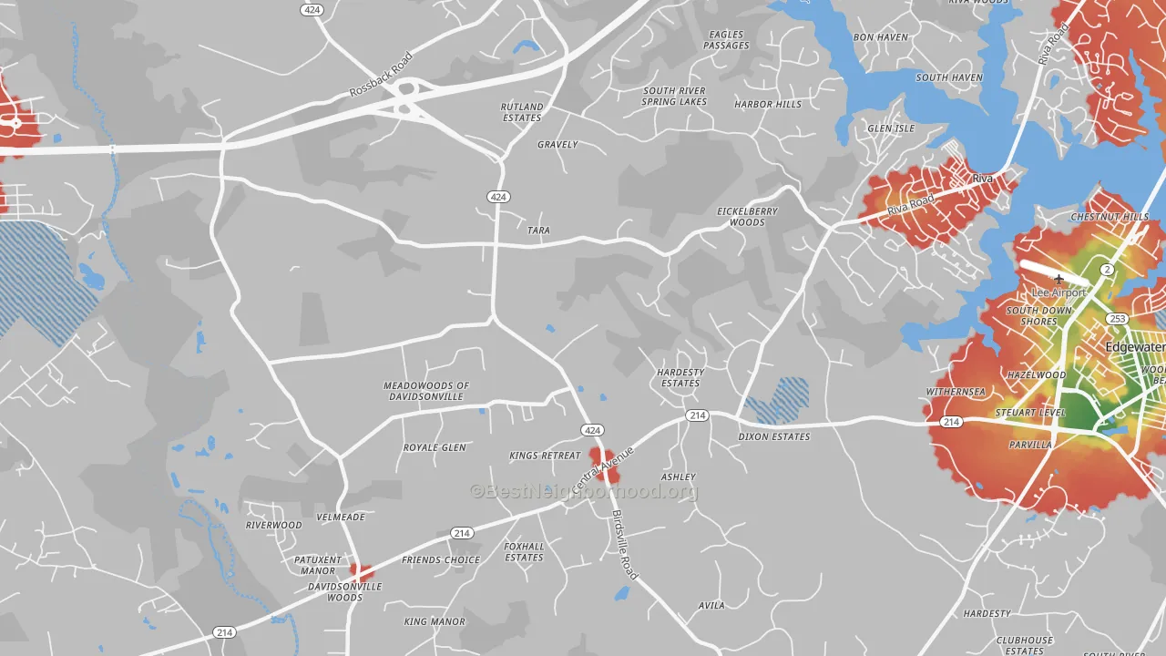 Walk Grade map of 21035, MD, walkable areas in green and car-dependent areas in red