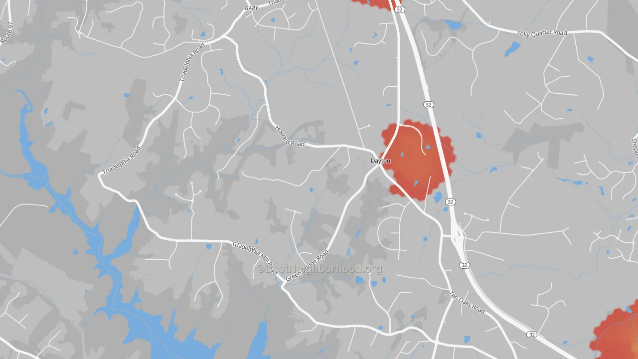 Walk Grade map of 21036, MD, walkable areas in green and car-dependent areas in red