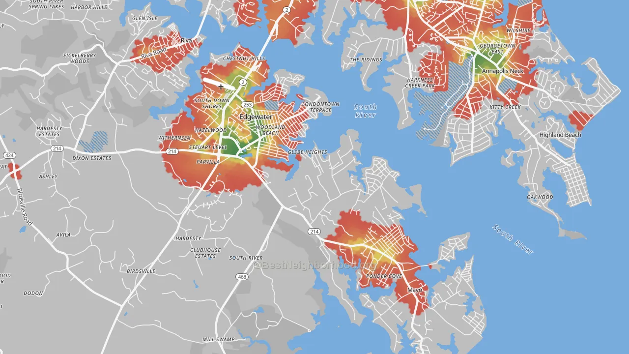 Walk Grade map of 21037, MD, walkable areas in green and car-dependent areas in red