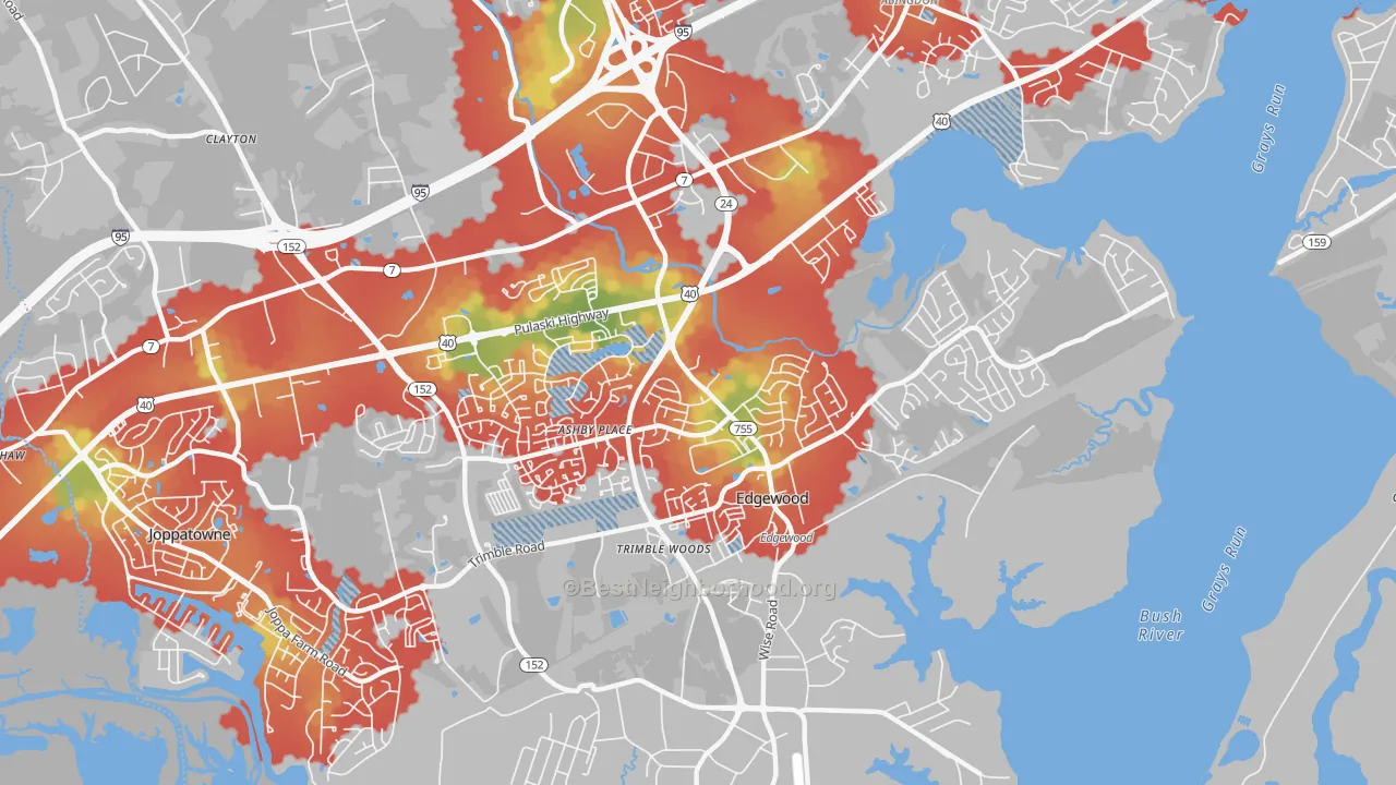 Walk Grade map of 21040, MD, walkable areas in green and car-dependent areas in red