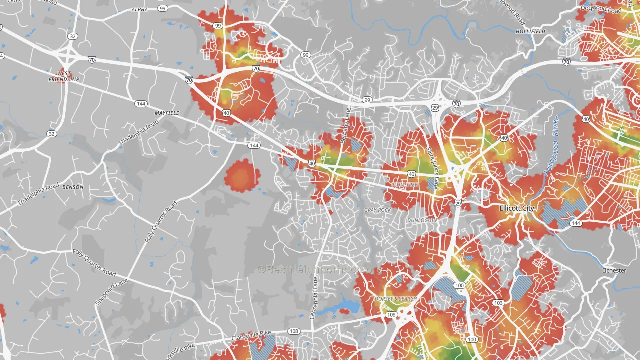 Walk Grade map of 21042, MD, walkable areas in green and car-dependent areas in red
