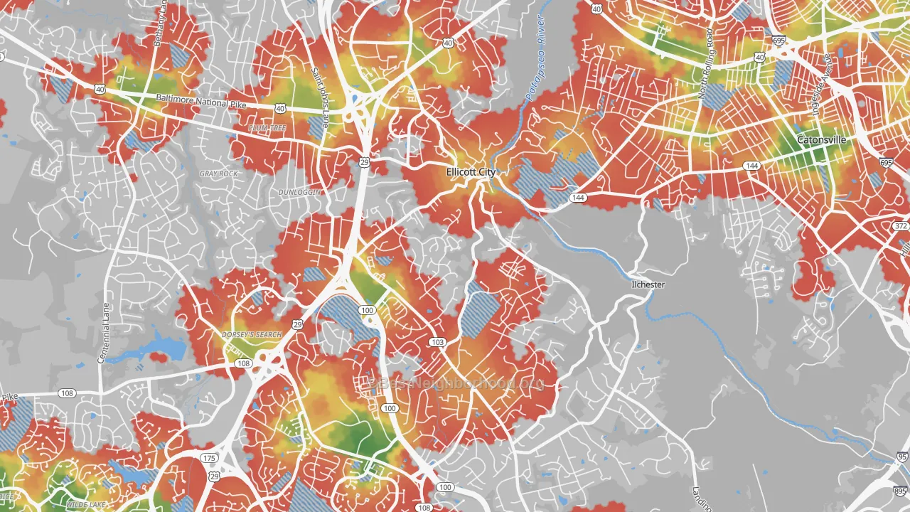 Walk Grade map of 21043, MD, walkable areas in green and car-dependent areas in red