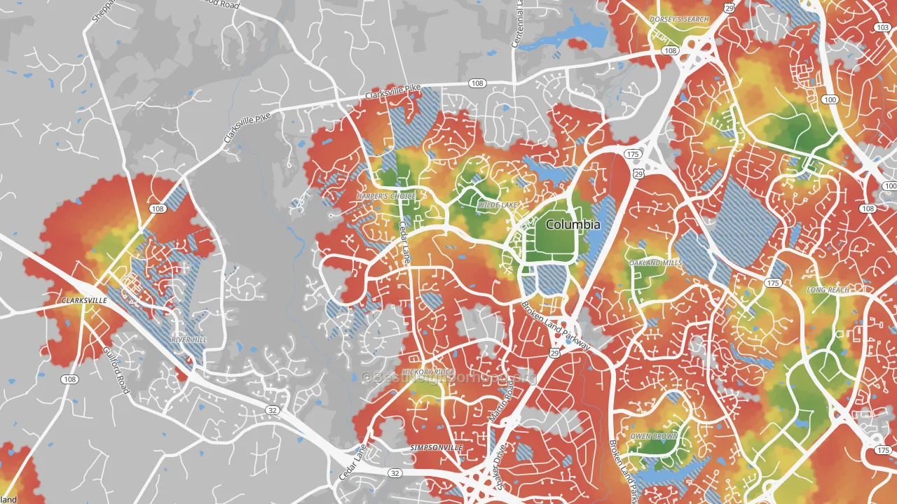 Walk Grade map of 21044, MD, walkable areas in green and car-dependent areas in red