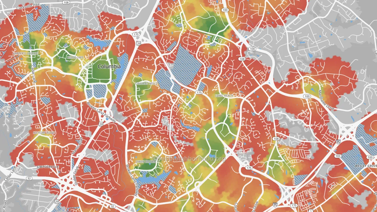 Walk Grade map of 21045, MD, walkable areas in green and car-dependent areas in red