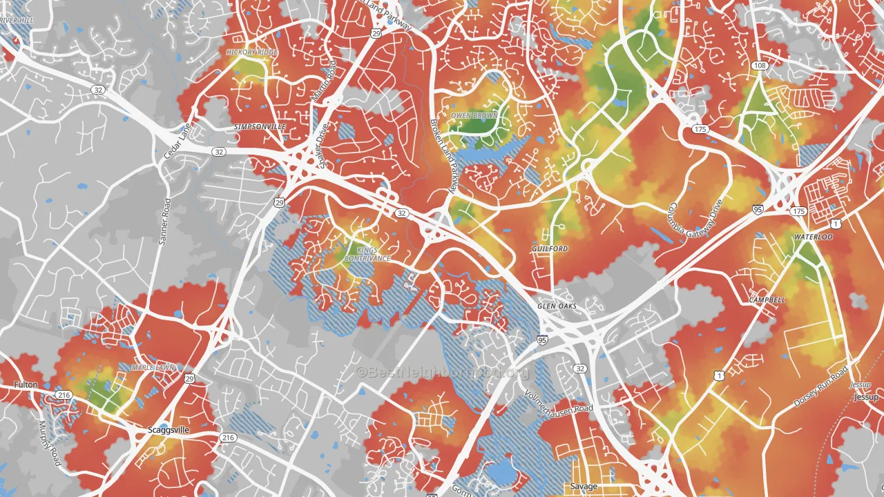 Walk Grade map of 21046, MD, walkable areas in green and car-dependent areas in red