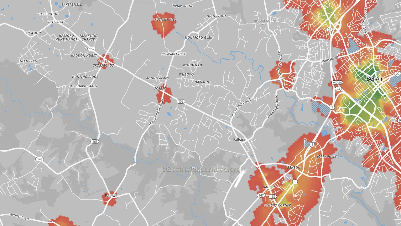 Walk Grade map of 21047, MD, walkable areas in green and car-dependent areas in red