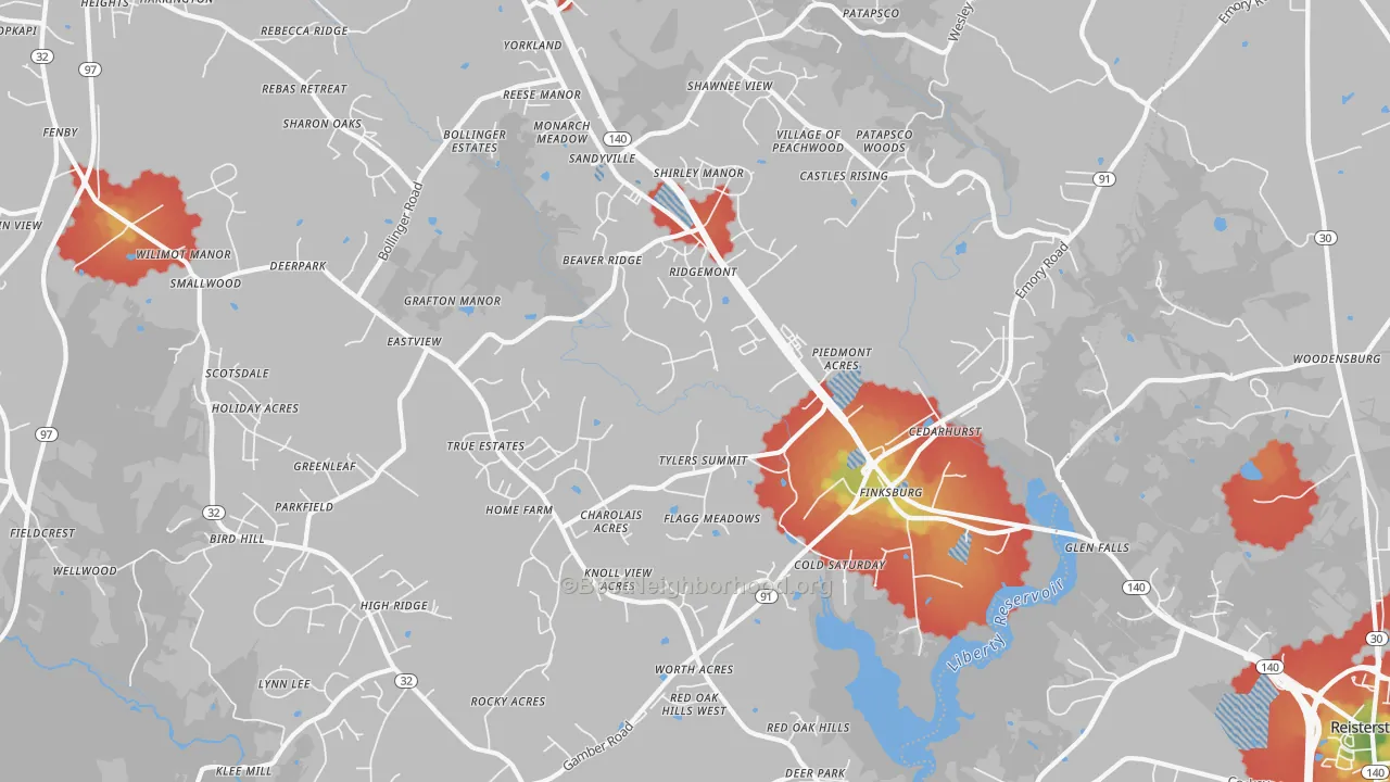 Walk Grade map of 21048, MD, walkable areas in green and car-dependent areas in red