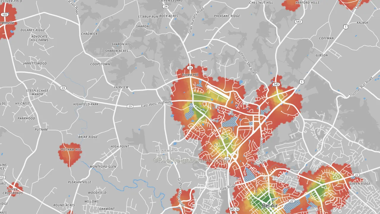 Walk Grade map of 21050, MD, walkable areas in green and car-dependent areas in red