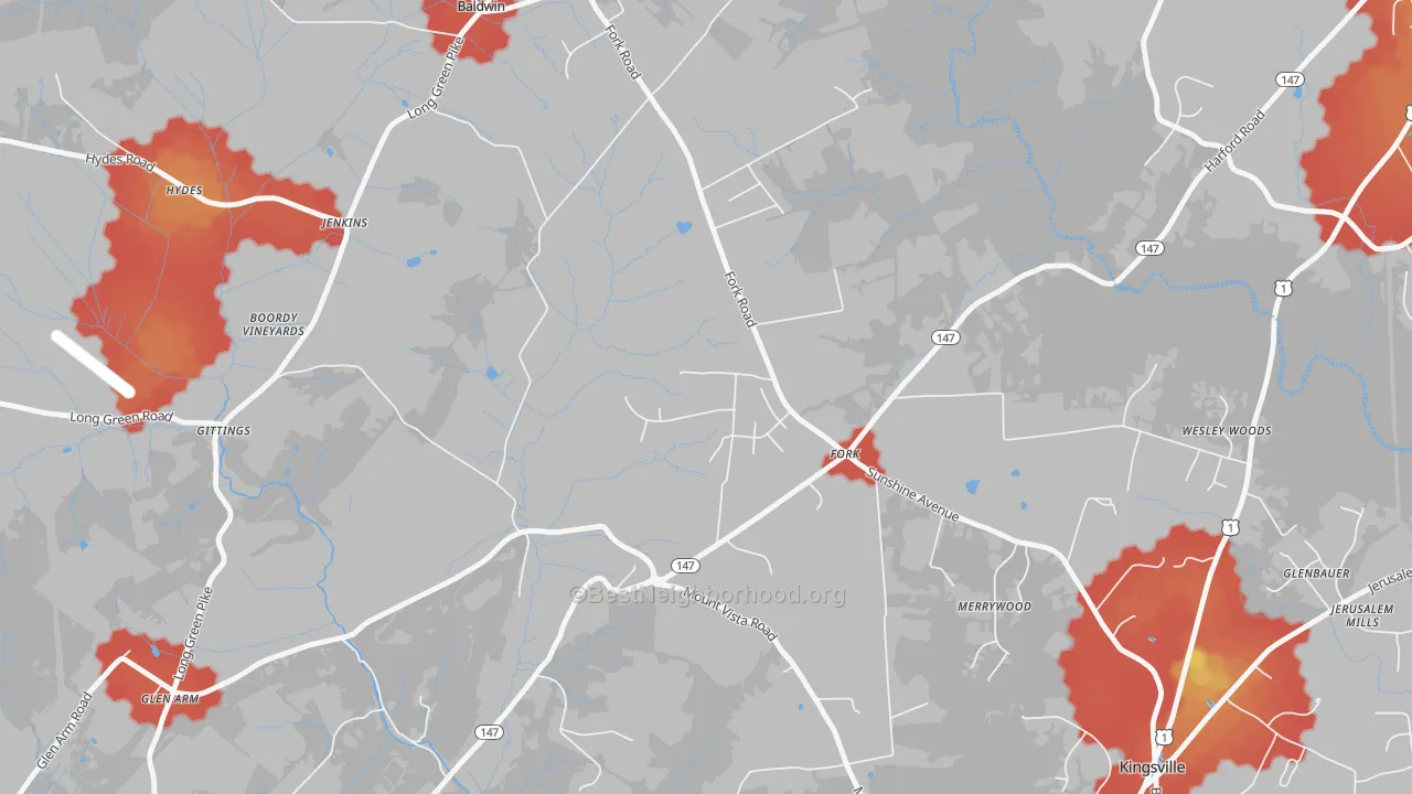 Walk Grade map of 21051, MD, walkable areas in green and car-dependent areas in red