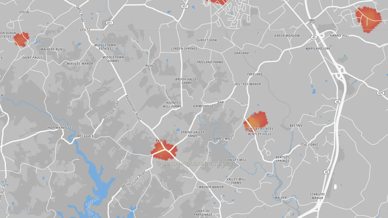 Walk Grade map of 21053, MD, walkable areas in green and car-dependent areas in red