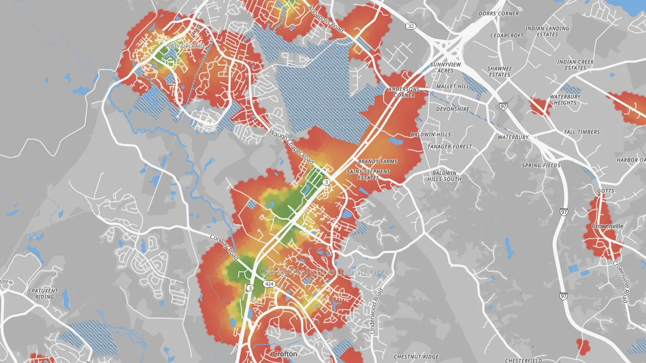 Walk Grade map of 21054, MD, walkable areas in green and car-dependent areas in red