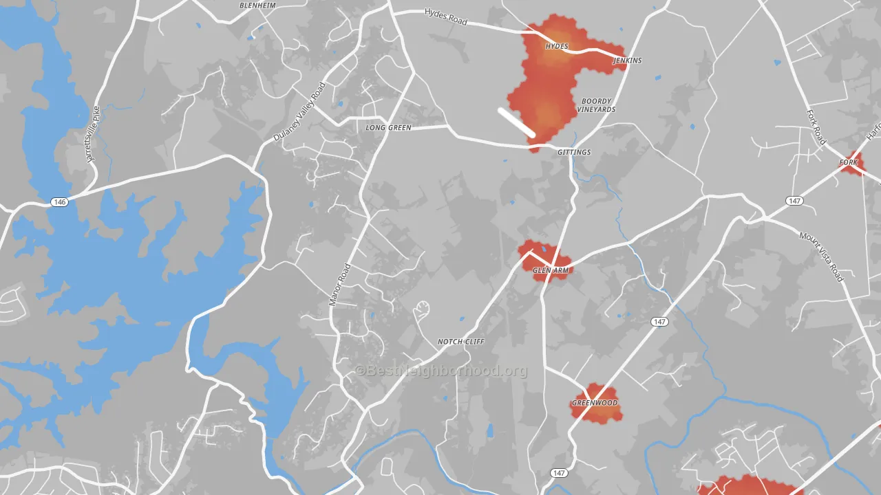 Walk Grade map of 21057, MD, walkable areas in green and car-dependent areas in red