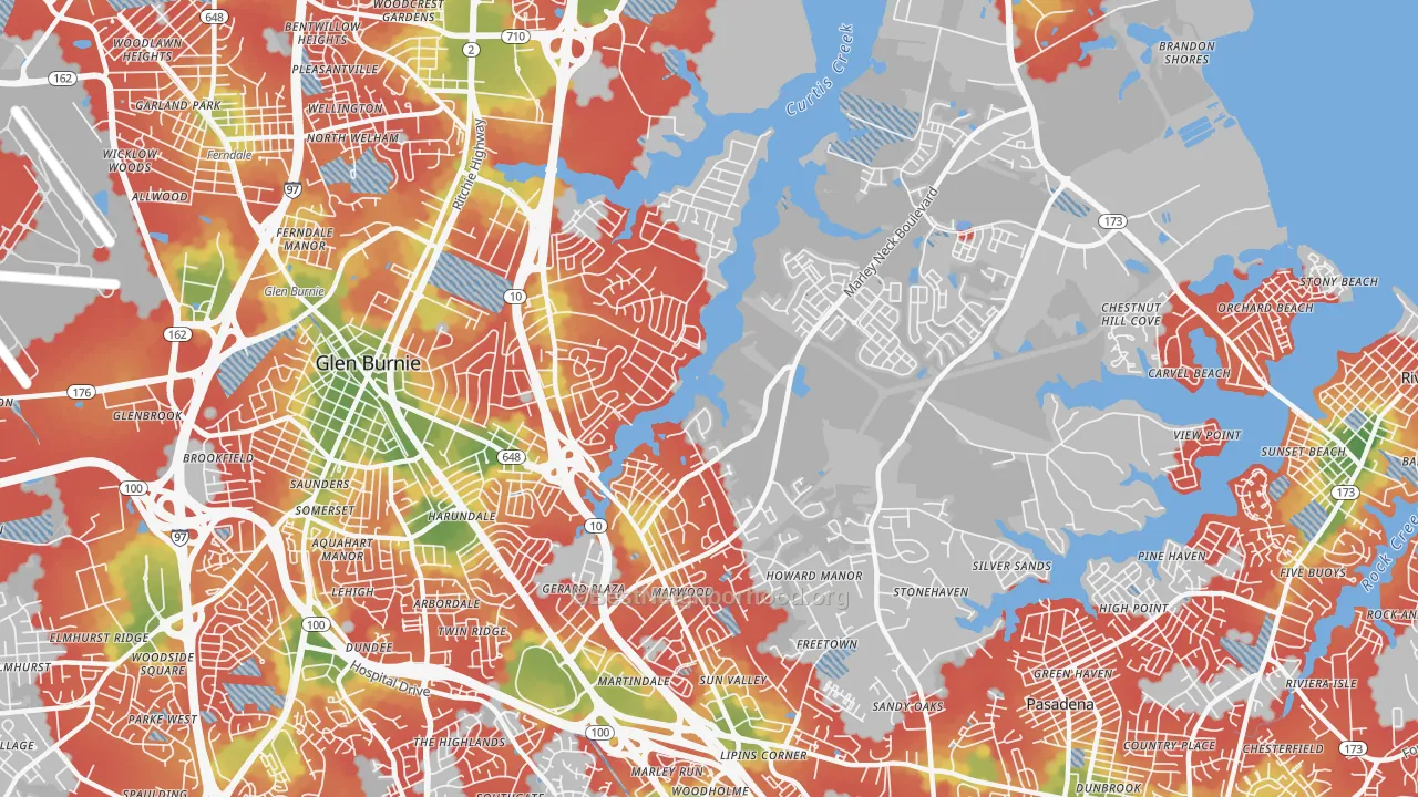 Walk Grade map of 21060, MD, walkable areas in green and car-dependent areas in red