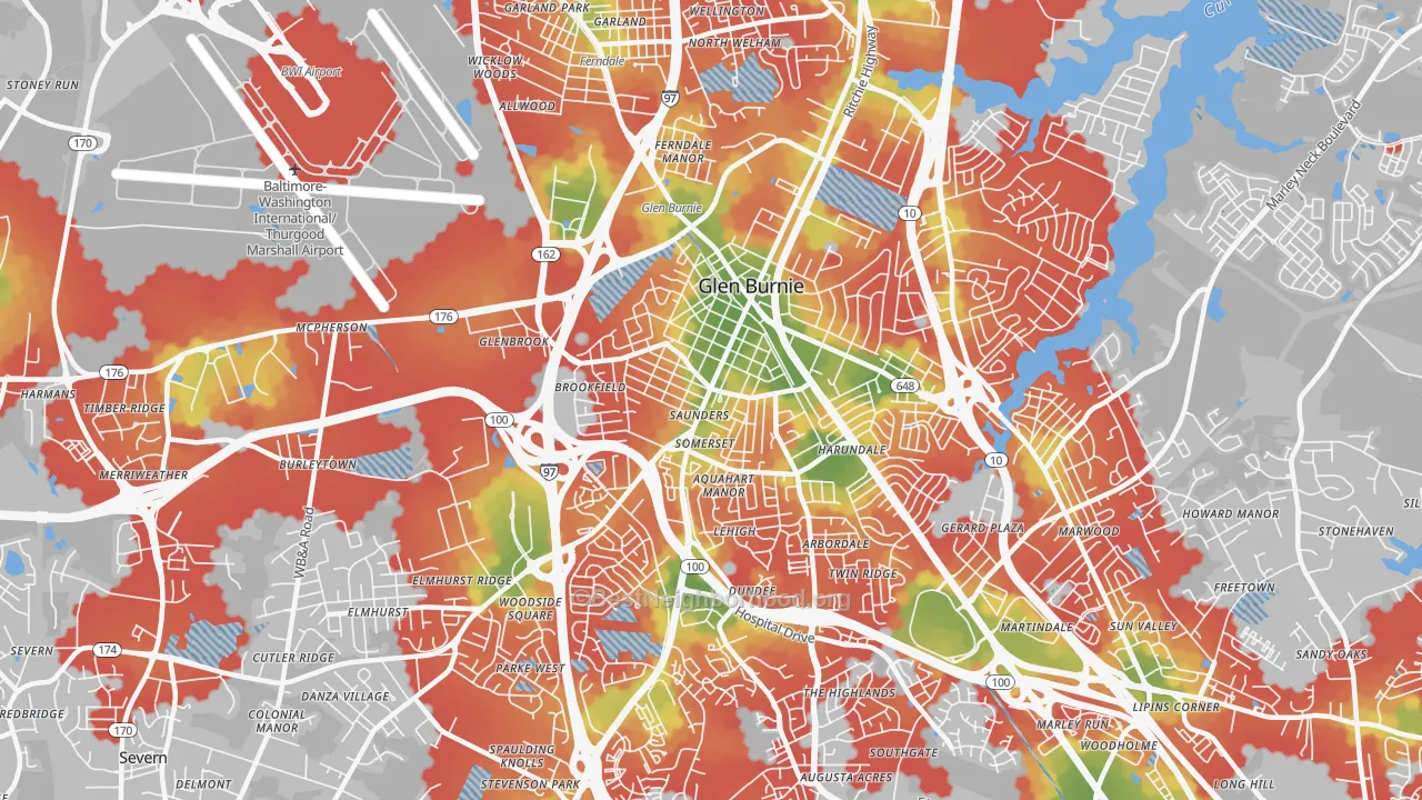Walk Grade map of 21061, MD, walkable areas in green and car-dependent areas in red