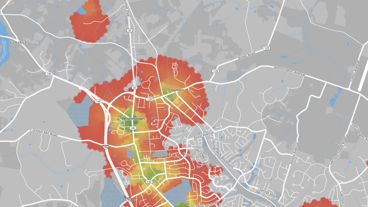 Walk Grade map of 21071, MD, walkable areas in green and car-dependent areas in red
