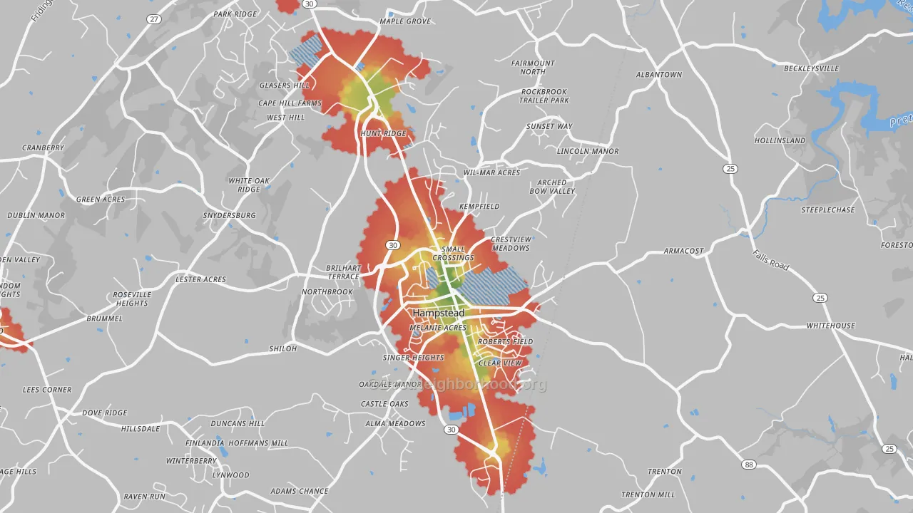 Walk Grade map of 21074, MD, walkable areas in green and car-dependent areas in red