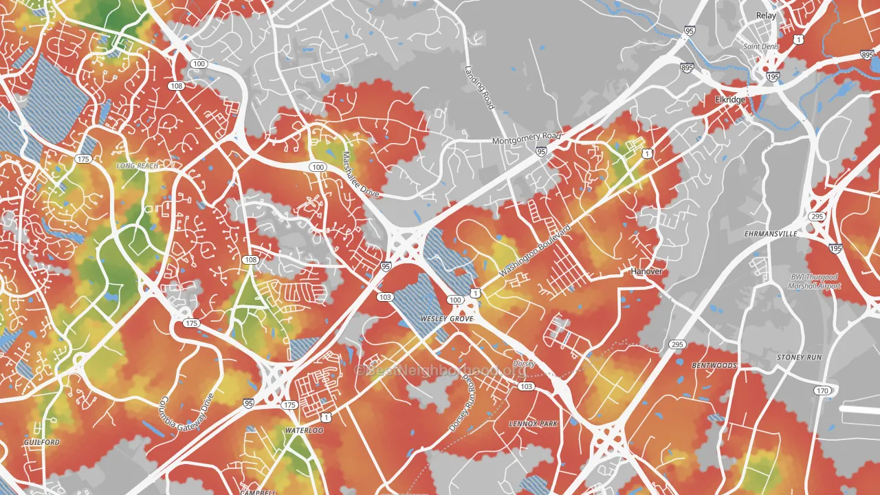 Walk Grade map of 21075, MD, walkable areas in green and car-dependent areas in red