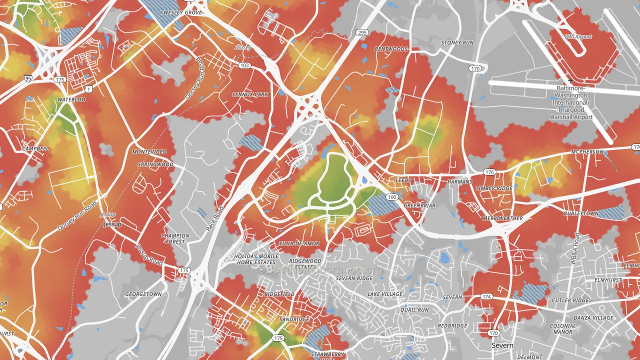 Walk Grade map of 21076, MD, walkable areas in green and car-dependent areas in red
