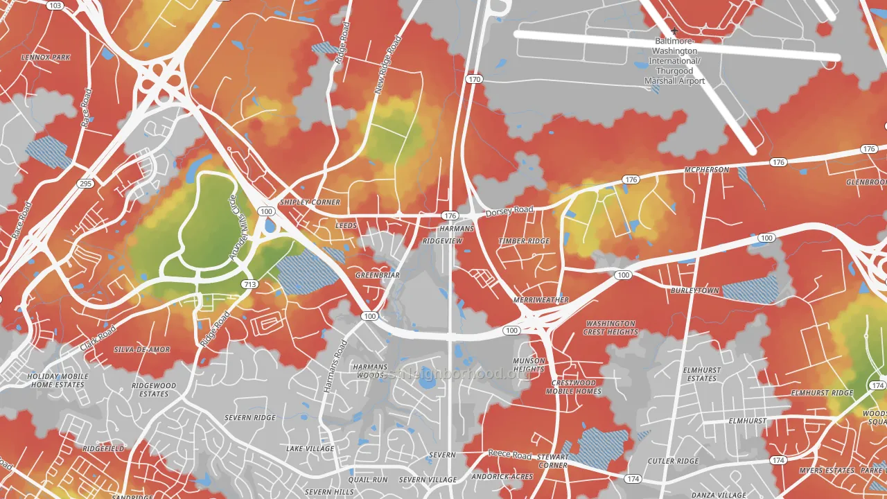 Walk Grade map of 21077, MD, walkable areas in green and car-dependent areas in red