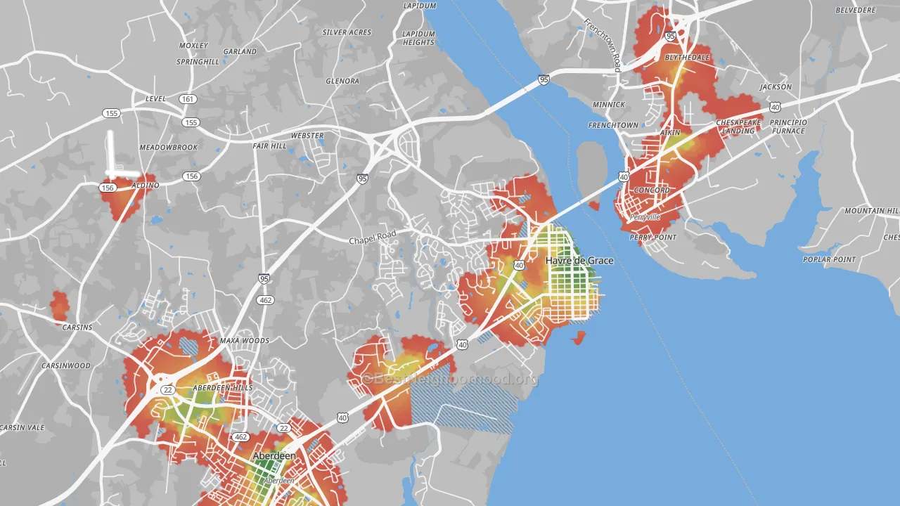 Walk Grade map of 21078, MD, walkable areas in green and car-dependent areas in red