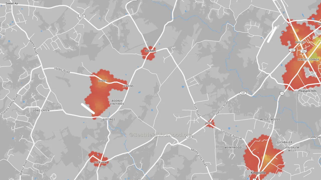 Walk Grade map of 21082, MD, walkable areas in green and car-dependent areas in red