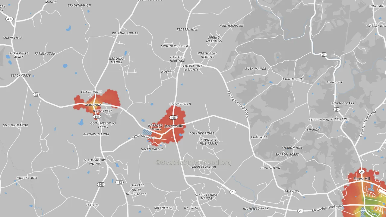 Walk Grade map of 21084, MD, walkable areas in green and car-dependent areas in red