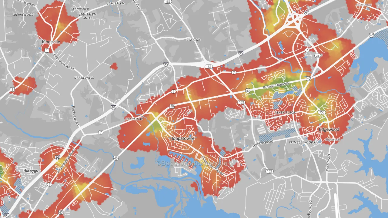 Walk Grade map of 21085, MD, walkable areas in green and car-dependent areas in red