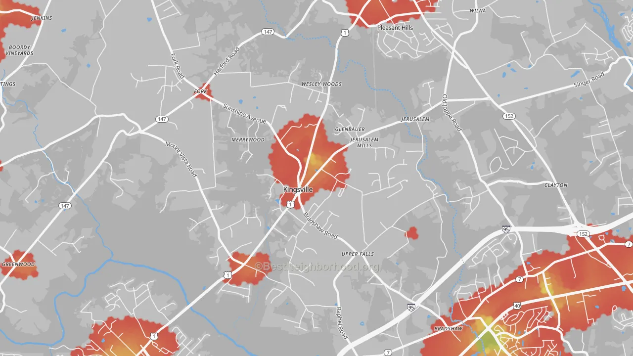 Walk Grade map of 21087, MD, walkable areas in green and car-dependent areas in red