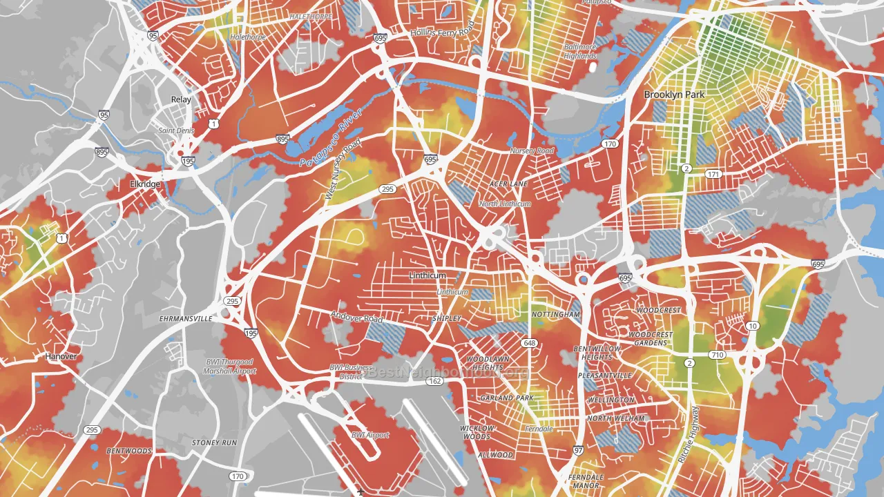 Walk Grade map of 21090, MD, walkable areas in green and car-dependent areas in red