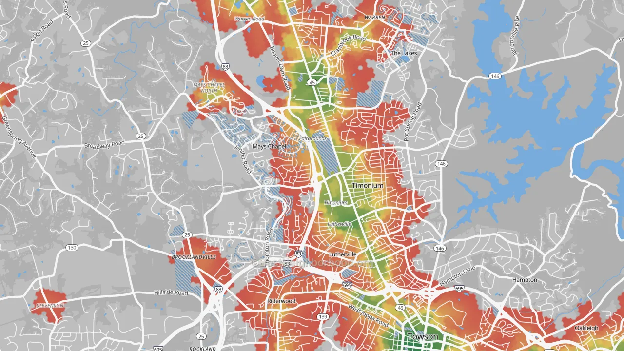 Walk Grade map of 21093, MD, walkable areas in green and car-dependent areas in red