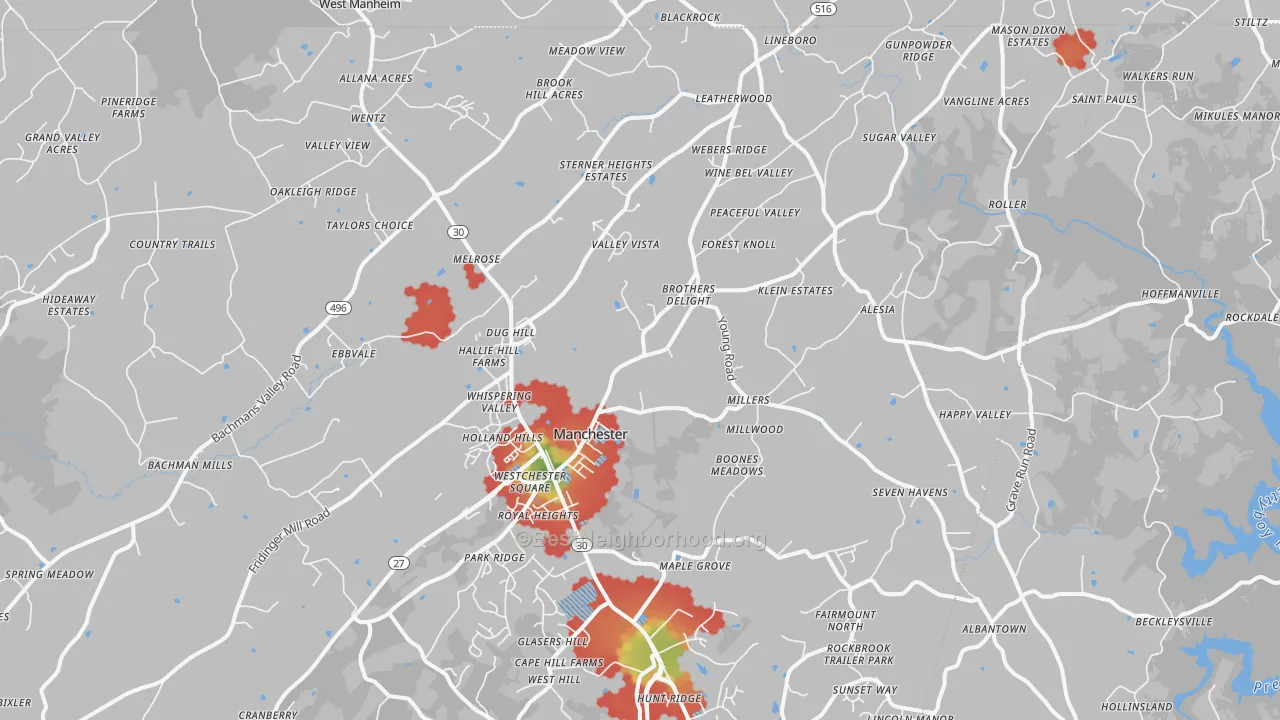 Walk Grade map of 21102, MD, walkable areas in green and car-dependent areas in red