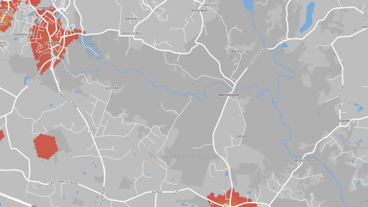 Walk Grade map of 21104, MD, walkable areas in green and car-dependent areas in red
