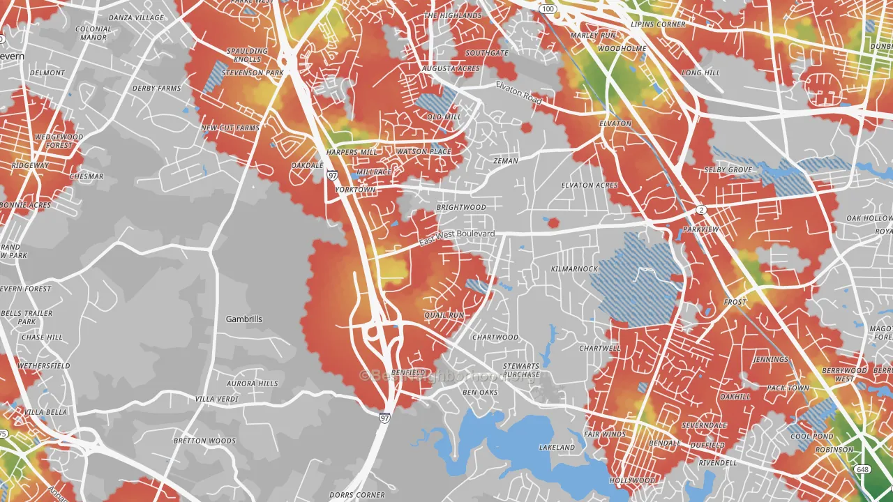 Walk Grade map of 21108, MD, walkable areas in green and car-dependent areas in red