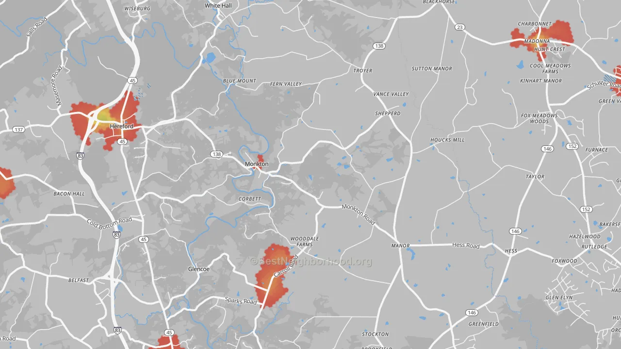 Walk Grade map of 21111, MD, walkable areas in green and car-dependent areas in red