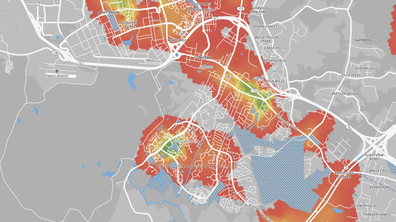 Walk Grade map of 21113, MD, walkable areas in green and car-dependent areas in red
