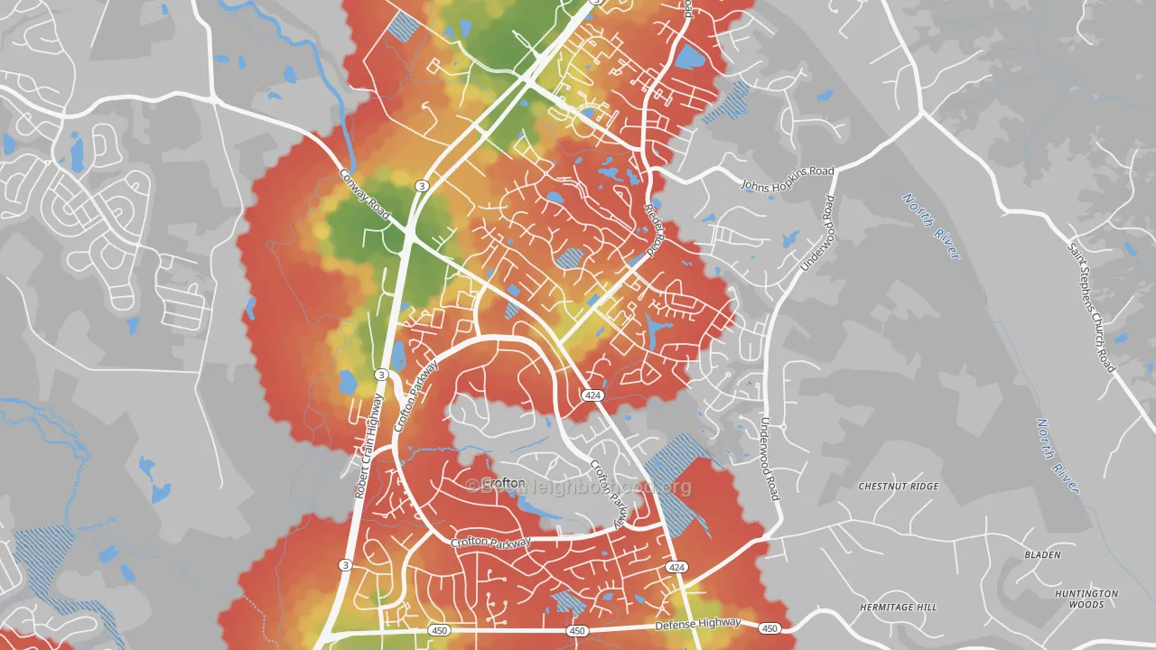 Walk Grade map of 21114, MD, walkable areas in green and car-dependent areas in red