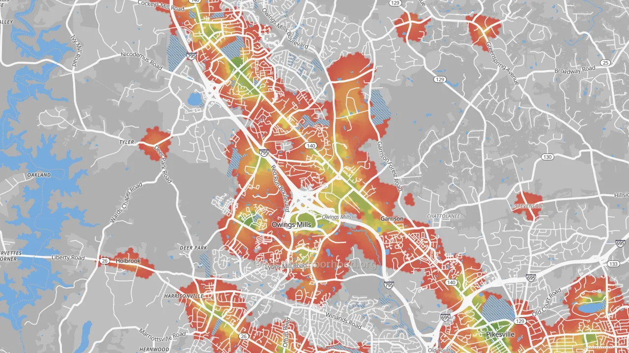 Walk Grade map of 21117, MD, walkable areas in green and car-dependent areas in red