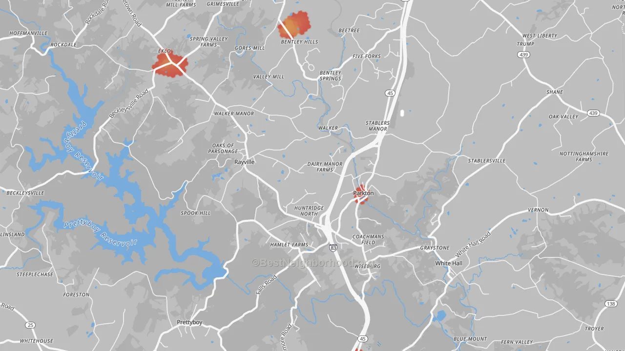 Walk Grade map of 21120, MD, walkable areas in green and car-dependent areas in red