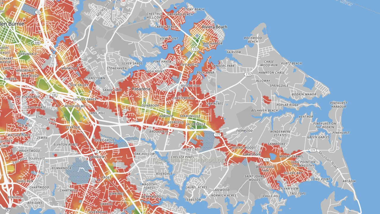 Walk Grade map of 21122, MD, walkable areas in green and car-dependent areas in red