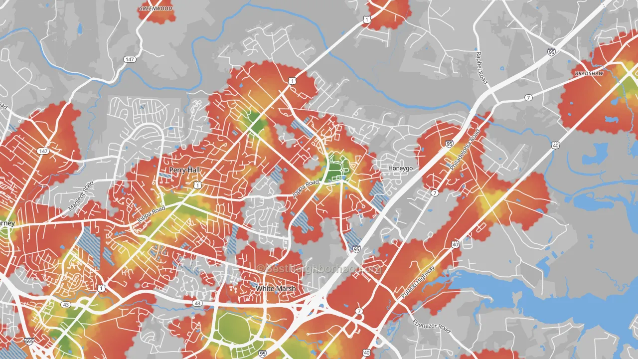 Walk Grade map of 21128, MD, walkable areas in green and car-dependent areas in red