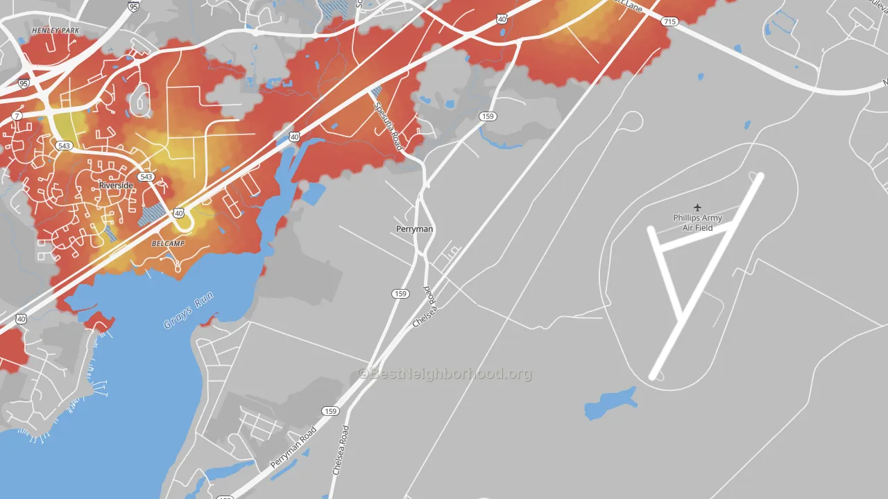 Walk Grade map of 21130, MD, walkable areas in green and car-dependent areas in red