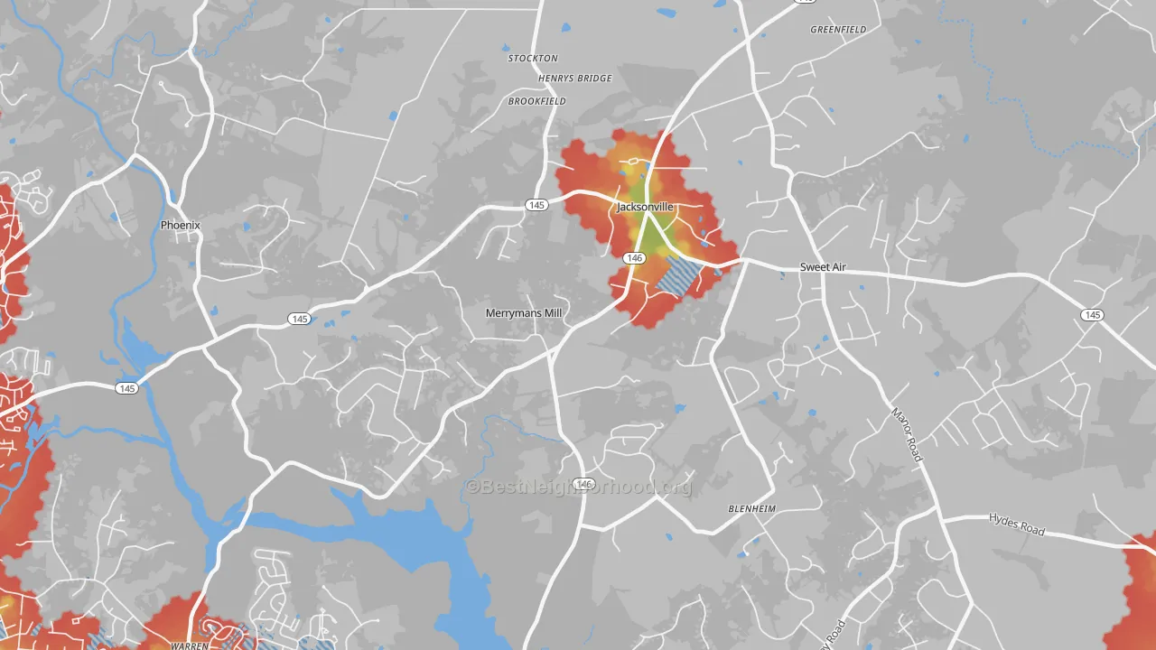 Walk Grade map of 21131, MD, walkable areas in green and car-dependent areas in red