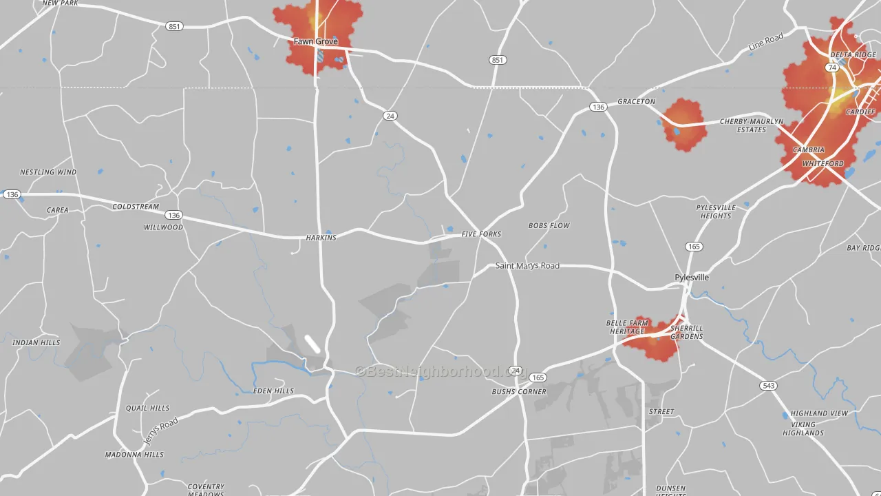 Walk Grade map of 21132, MD, walkable areas in green and car-dependent areas in red