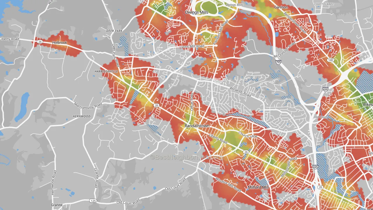 Walk Grade map of 21133, MD, walkable areas in green and car-dependent areas in red