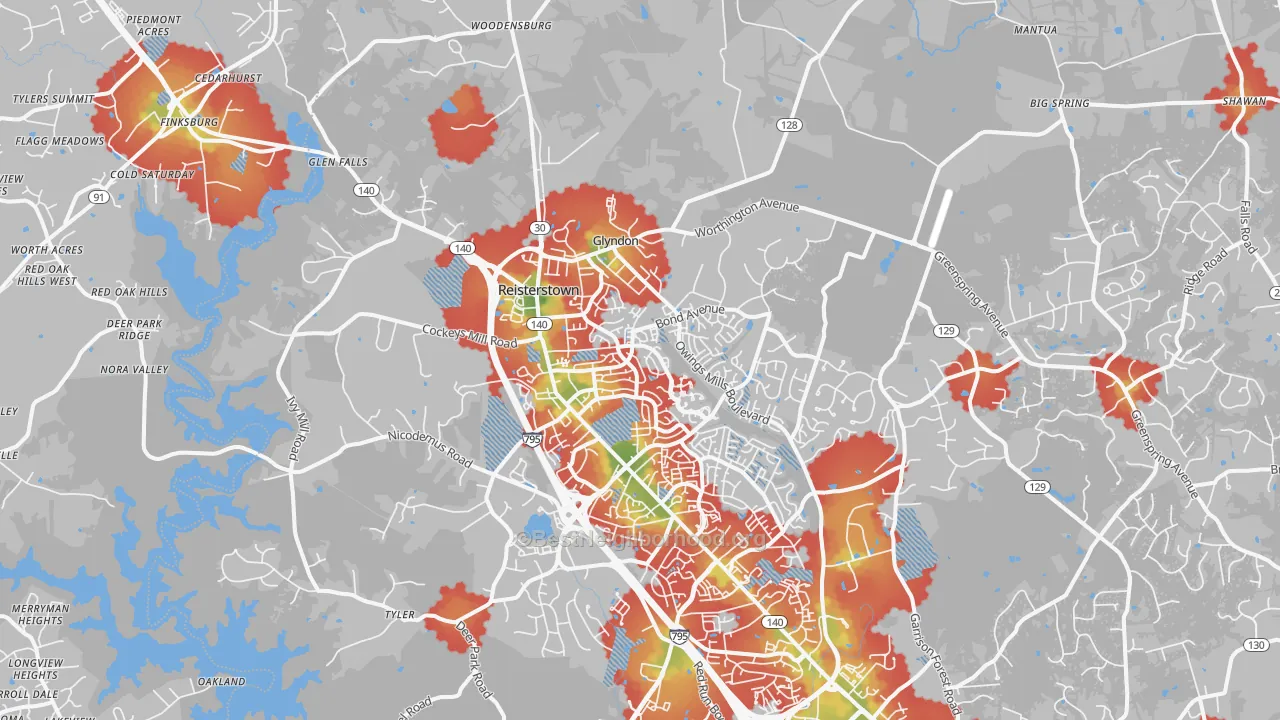 Walk Grade map of 21136, MD, walkable areas in green and car-dependent areas in red