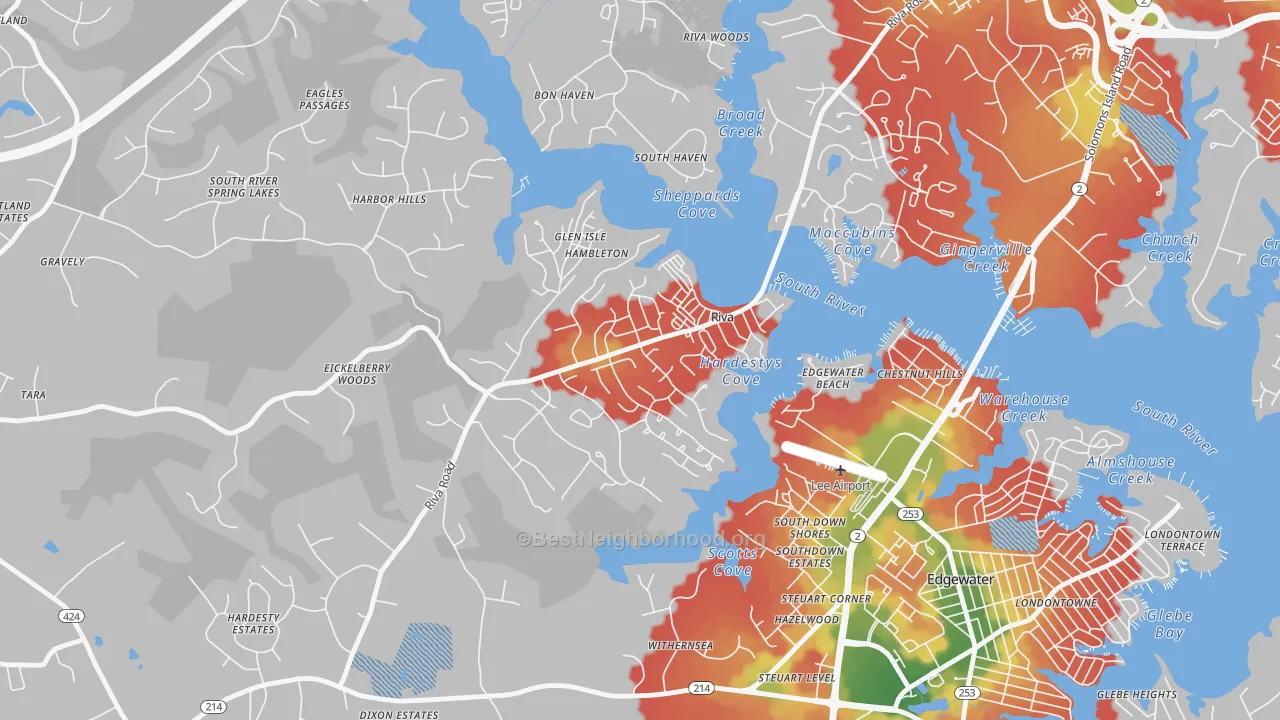 Walk Grade map of 21140, MD, walkable areas in green and car-dependent areas in red