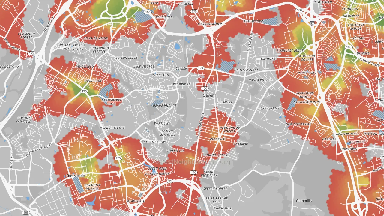 Walk Grade map of 21144, MD, walkable areas in green and car-dependent areas in red
