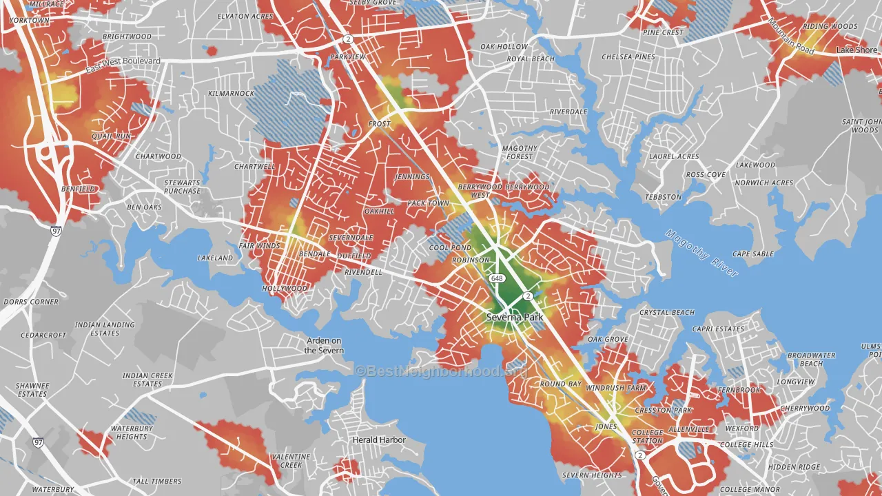 Walk Grade map of 21146, MD, walkable areas in green and car-dependent areas in red