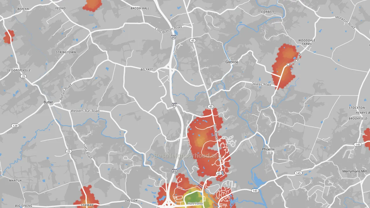 Walk Grade map of 21152, MD, walkable areas in green and car-dependent areas in red