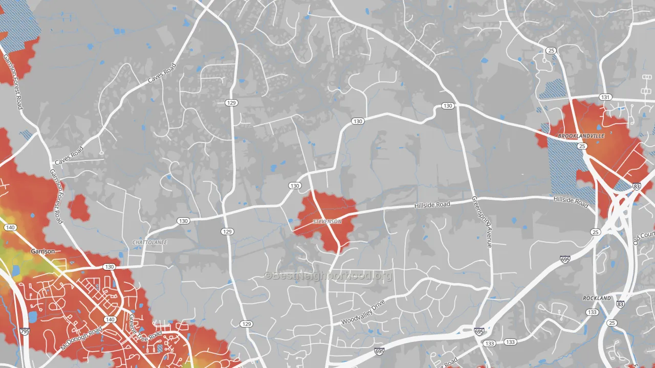 Walk Grade map of 21153, MD, walkable areas in green and car-dependent areas in red